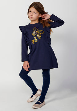 Long sleeve embroidered ruffle dress GIRLS navy - Koroshi 2425VS05