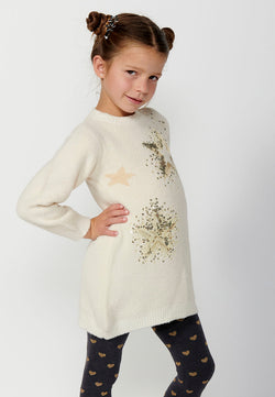 Ecrufarbenes Sternstrickkleid für Mädchen mit langen Ärmeln – Koroshi 2425VS08