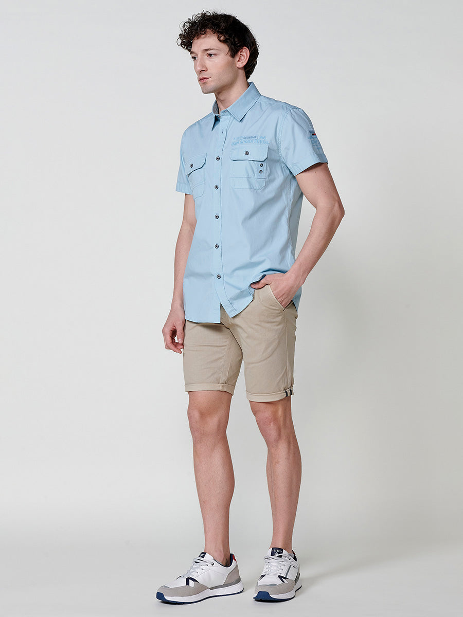 Camisa algodón bolsillos con solapa manga corta hombre azul - Koroshi 2511CC03