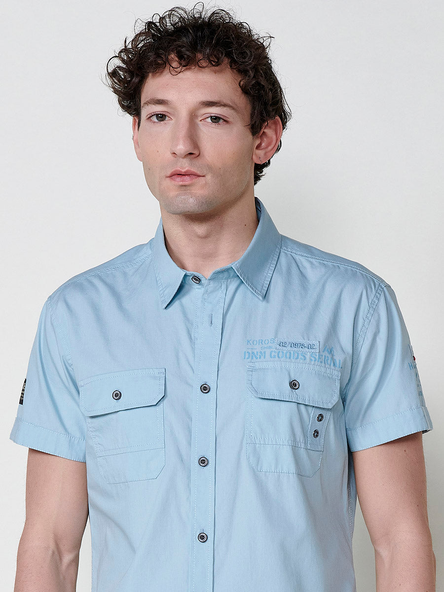 Camisa algodón bolsillos con solapa manga corta hombre azul - Koroshi 2511CC03