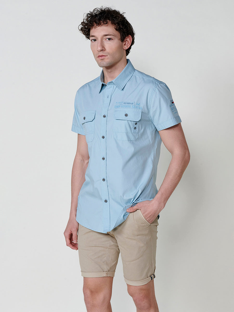 Camisa algodón bolsillos con solapa manga corta hombre azul - Koroshi 2511CC03