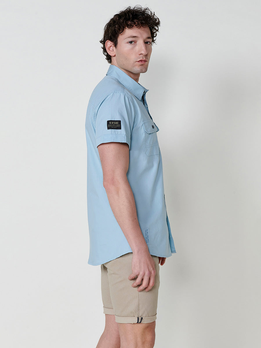 Camisa algodón bolsillos con solapa manga corta hombre azul - Koroshi 2511CC03