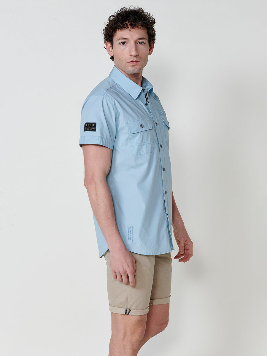 Camisa algodón bolsillos con solapa manga corta hombre azul - Koroshi 2511CC03