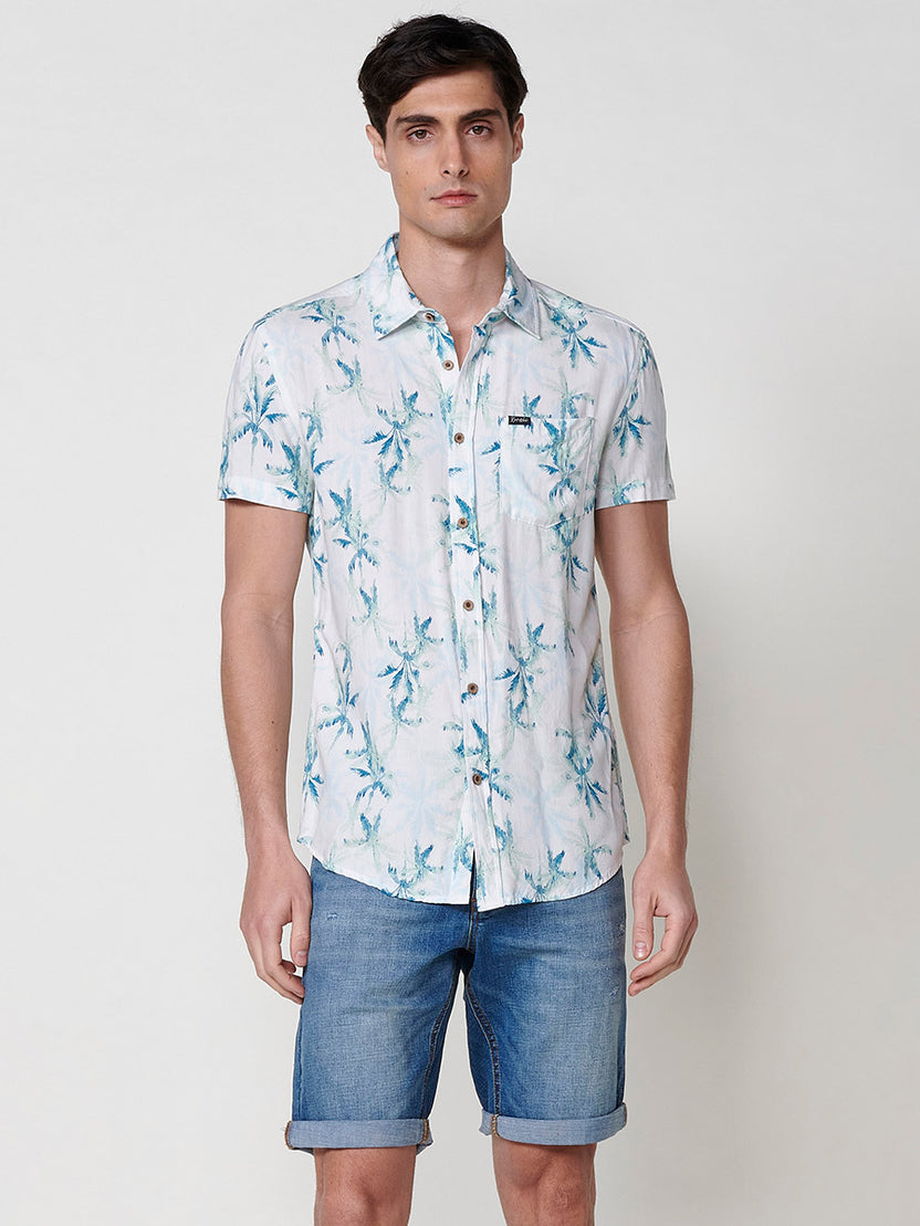 Camicia stampa tropicale con taschino in viscosa manica corta da uomo bianca - Koroshi 2511CC40
