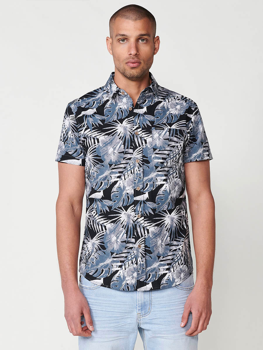 Camisa estampado tropical algodón con bolsillo manga corta hombre negro - Koroshi 2511CC43