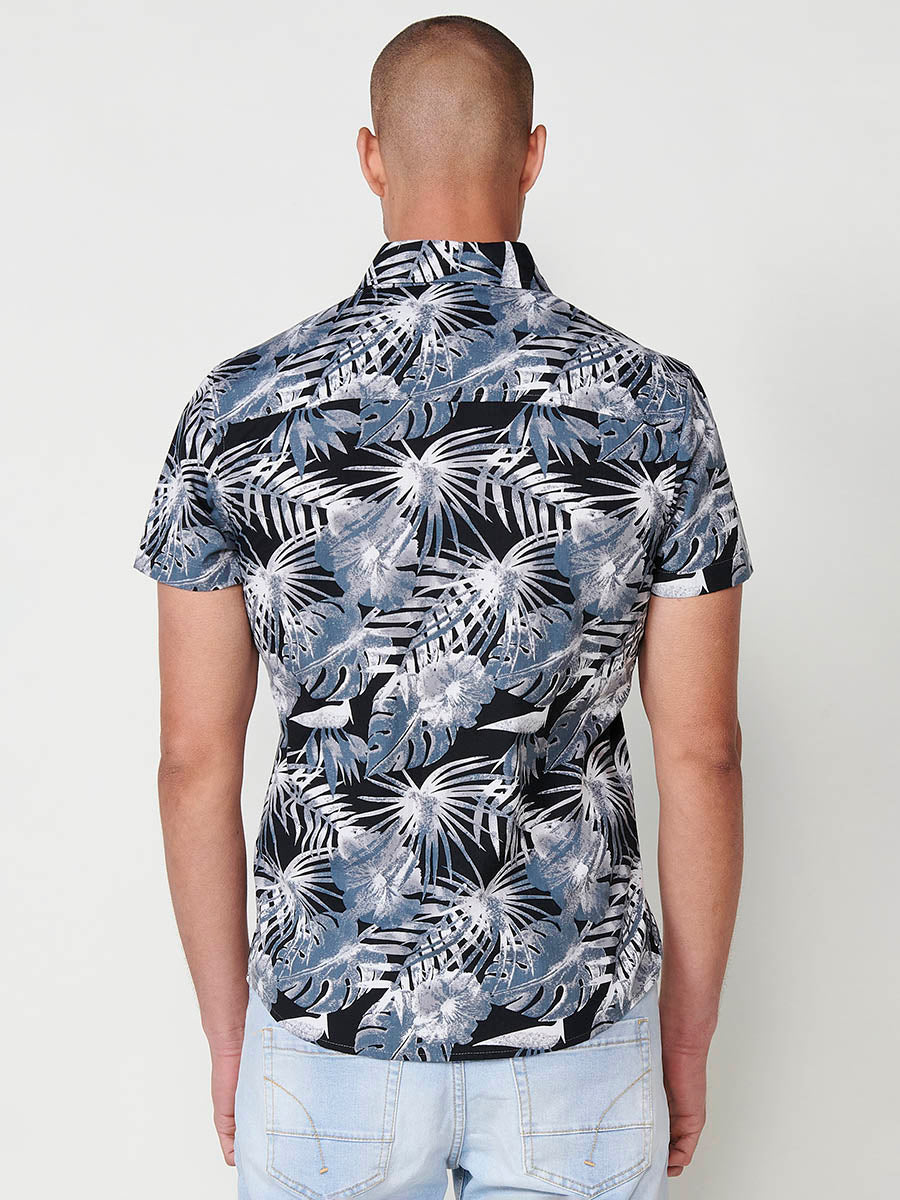 Camisa estampado tropical algodón con bolsillo manga corta hombre negro - Koroshi 2511CC43