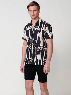Chemise homme décontractée noire à manches courtes en coton lyocell imprimé imprimé - Koroshi 2511CC45