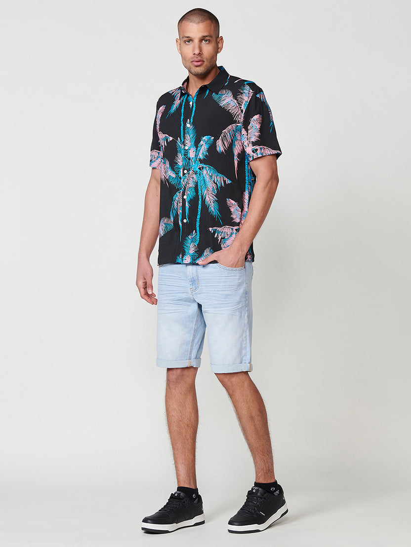 Camicia nera da uomo a maniche corte in viscosa stampa tropicale rilassata - Koroshi 2511CC49