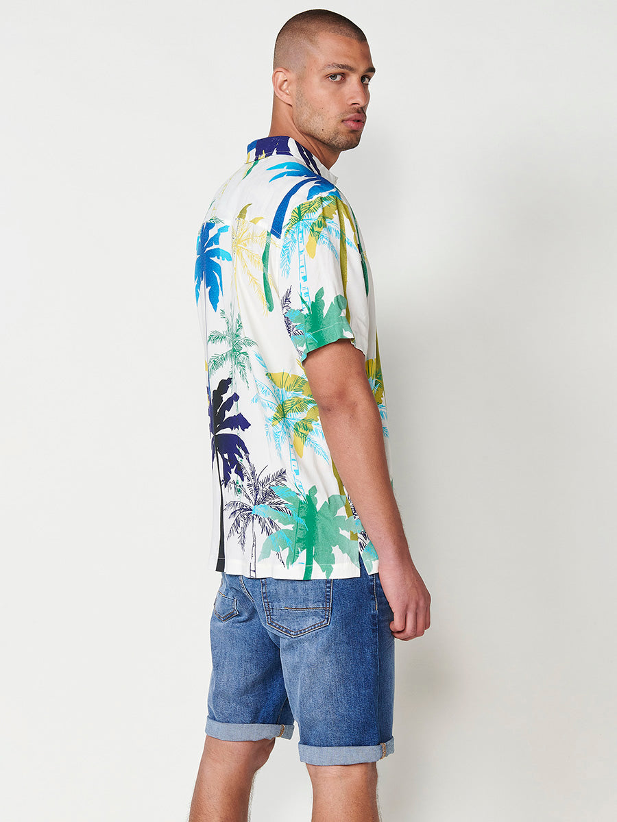 Ecru men's short sleeve relaxed viscose tropical print shirt - Koroshi 2511CC49