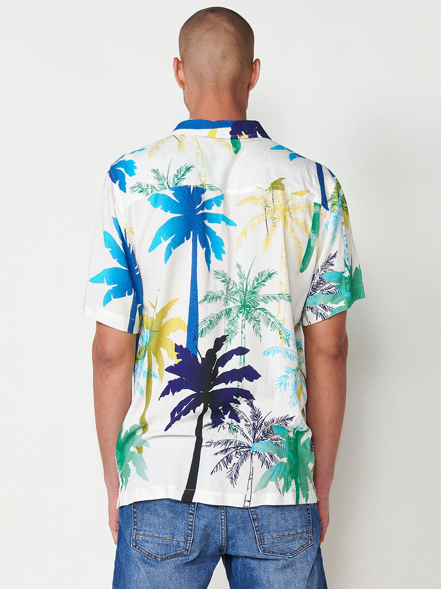 Ecru men's short sleeve relaxed viscose tropical print shirt - Koroshi 2511CC49
