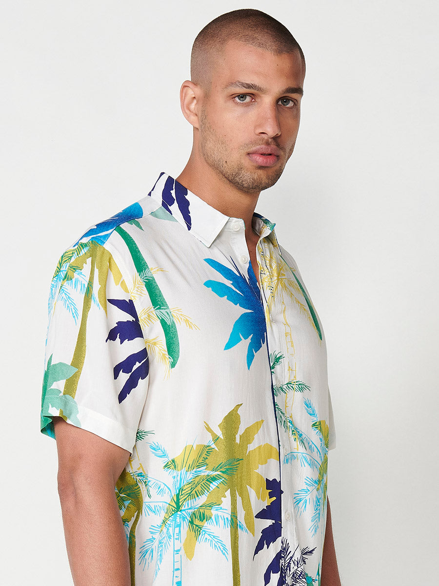 Ecru men's short sleeve relaxed viscose tropical print shirt - Koroshi 2511CC49