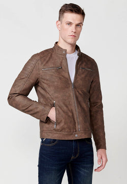 Blouson biker homme marron col roulé effet cuir - Koroshi 2511JA06