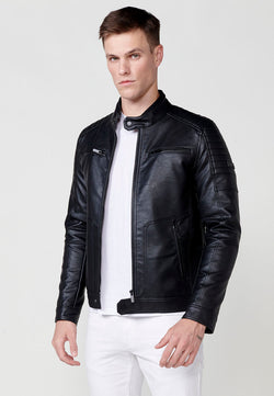 Men's black turtleneck leather effect biker jacket - Koroshi 2511JA09