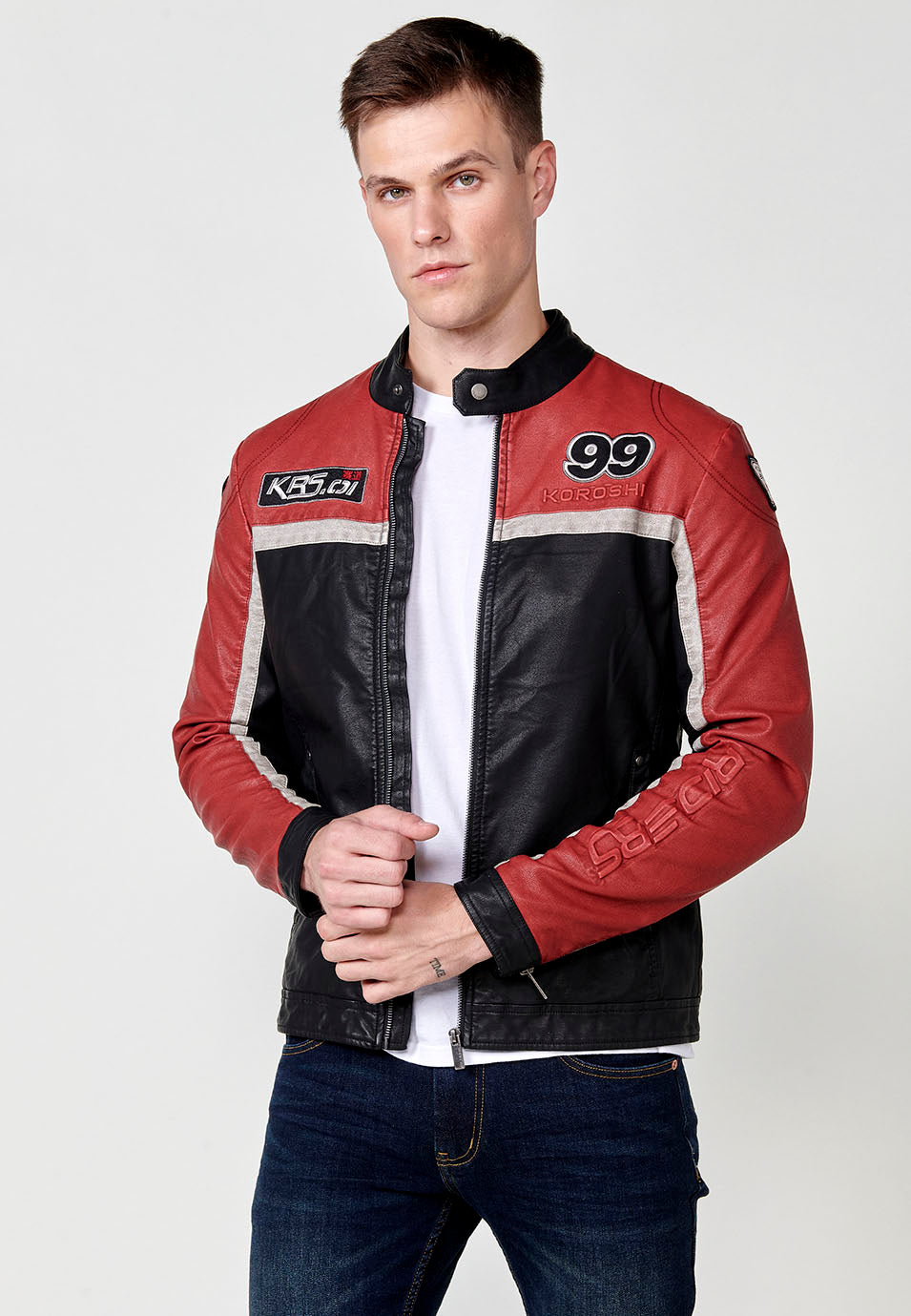 Chaqueta biker racing efecto piel cuello tira hombre roja - Koroshi 2511JA10