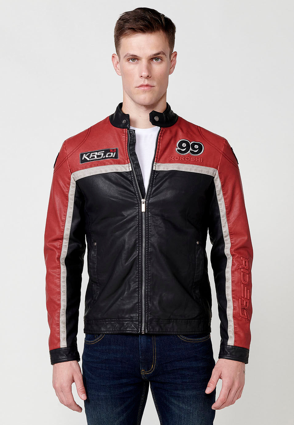 Chaqueta biker racing efecto piel cuello tira hombre roja - Koroshi 2511JA10