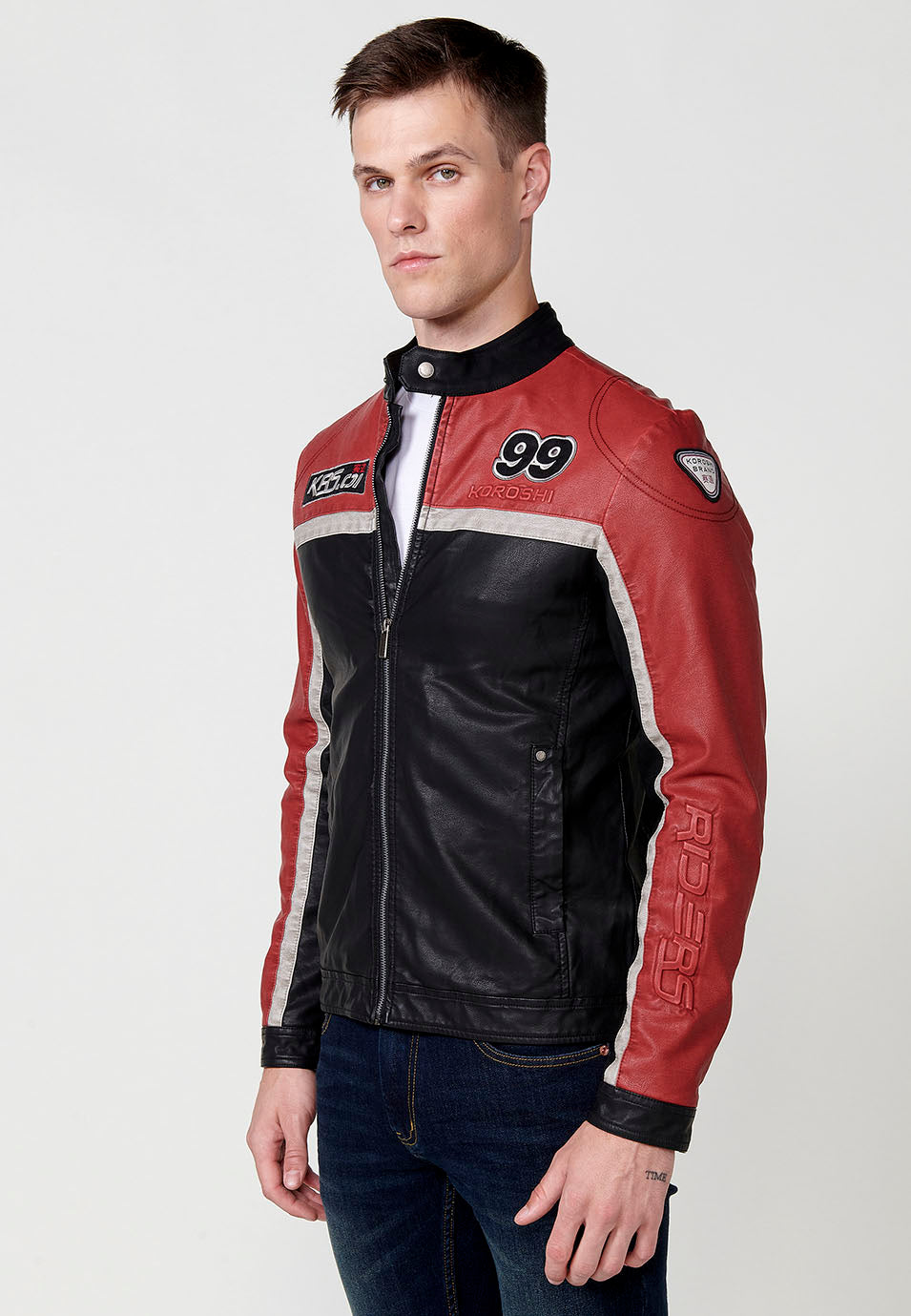 Chaqueta biker racing efecto piel cuello tira hombre roja - Koroshi 2511JA10