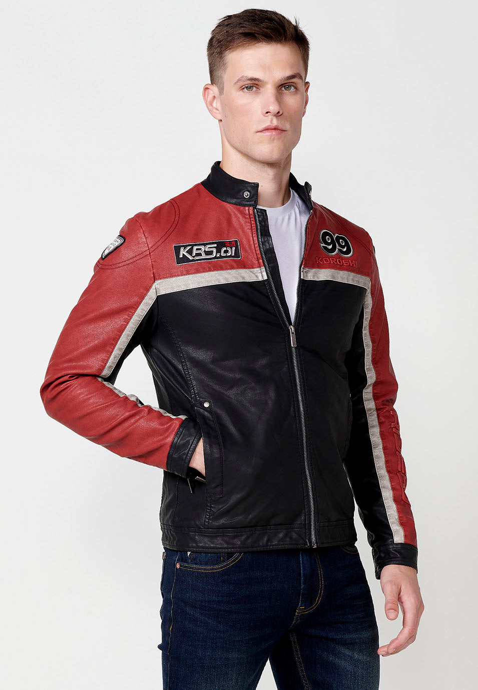 Chaqueta biker racing efecto piel cuello tira hombre roja - Koroshi 2511JA10