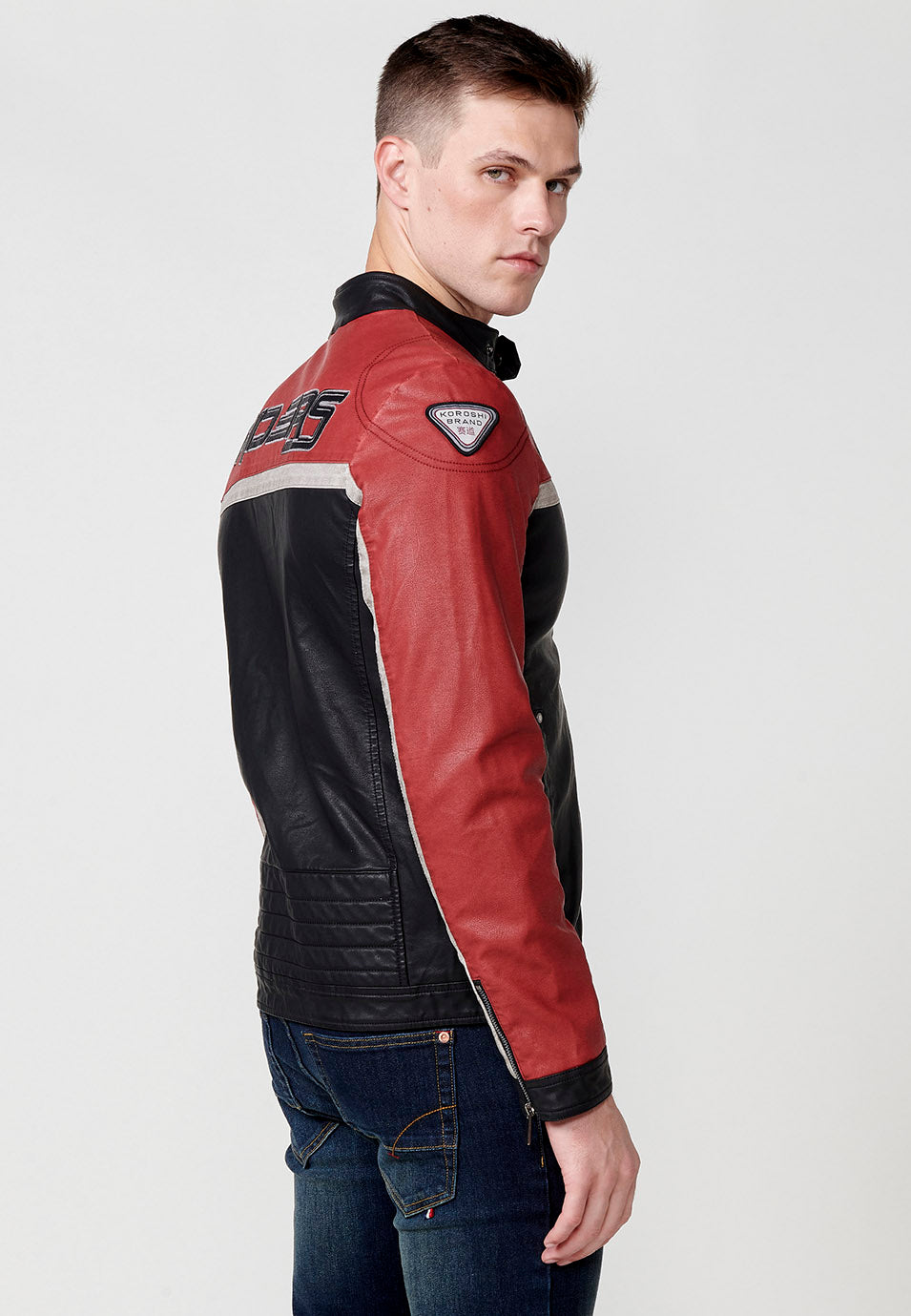 Chaqueta biker racing efecto piel cuello tira hombre roja - Koroshi 2511JA10