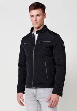 Men's black mandarin collar biker jacket with zipper pockets - Koroshi 2511JA18
