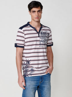 T-shirt col Henley rayé manches courtes homme blanc - Koroshi 2511MC03