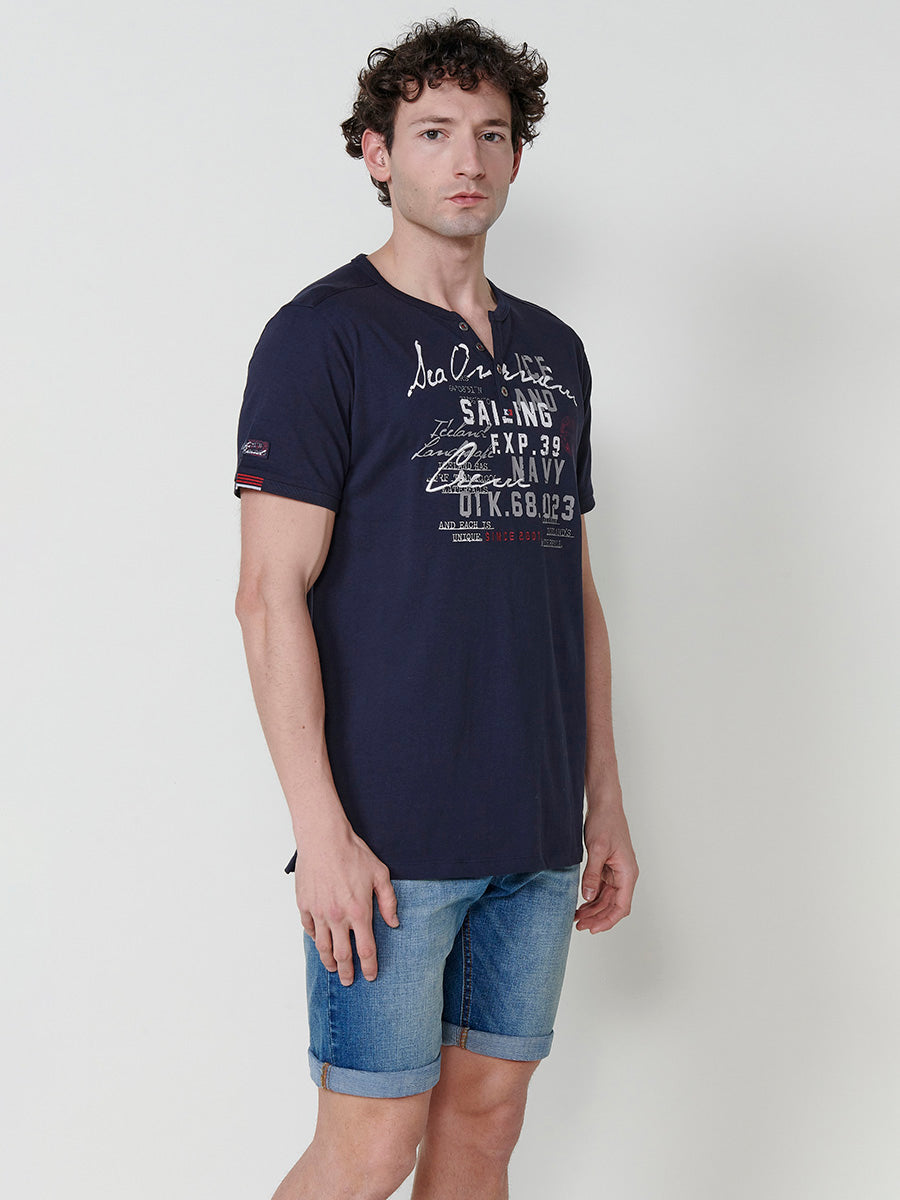 Camiseta cuello henley estampado manga corta hombre marina - Koroshi 2511MC04