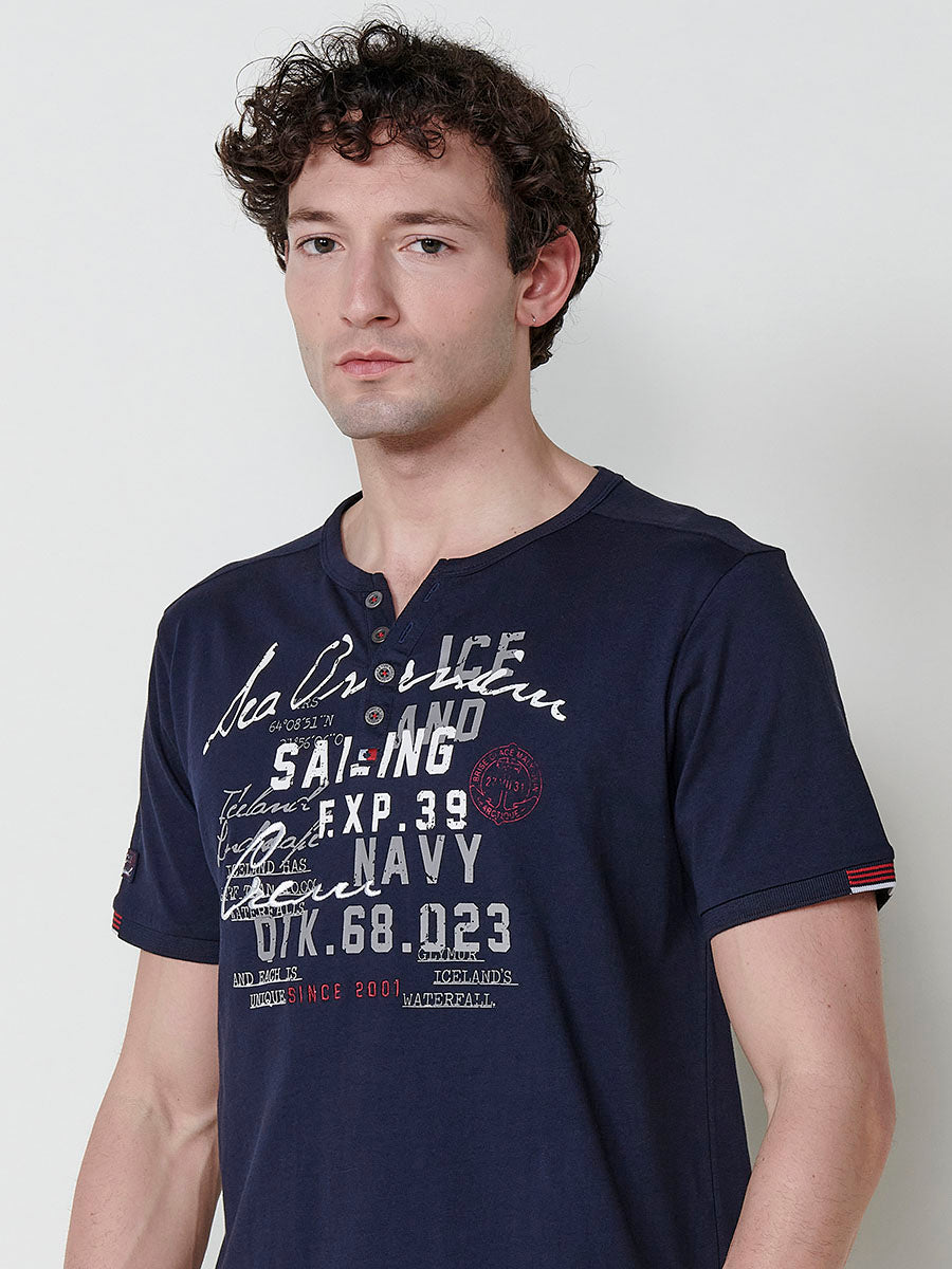Camiseta cuello henley estampado manga corta hombre marina - Koroshi 2511MC04