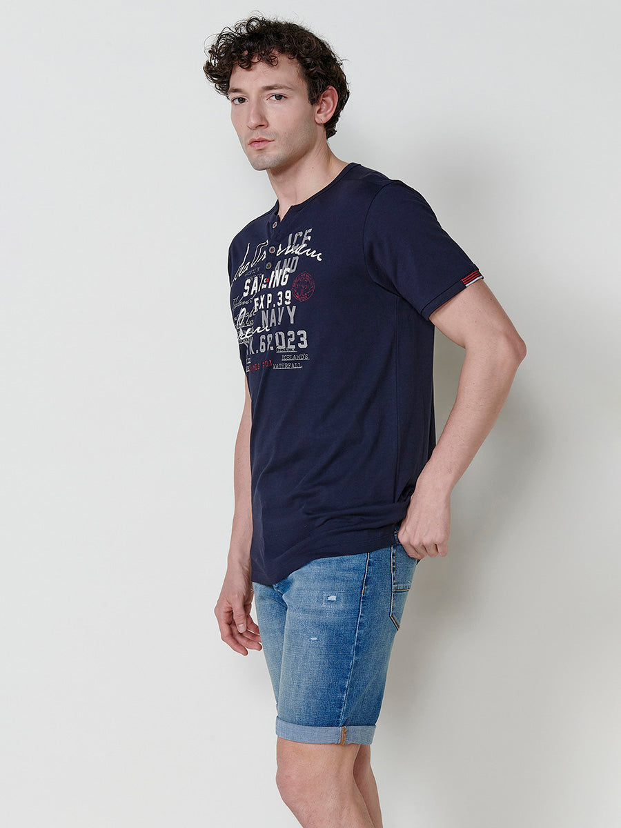 Camiseta cuello henley estampado manga corta hombre marina - Koroshi 2511MC04