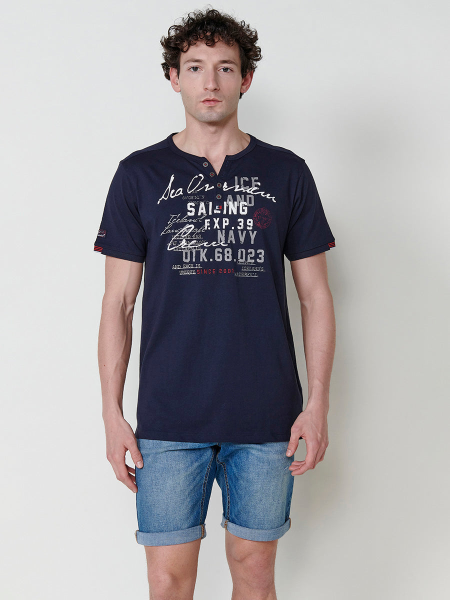 Short Sleeve T-shirt with Opening Neck in Navy for Men