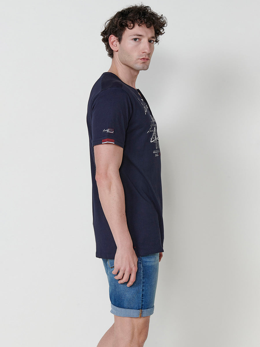 Short Sleeve T-shirt with Opening Neck in Navy for Men