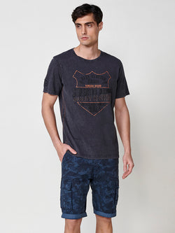 Men's black short sleeve washed printed round neck t-shirt - Koroshi 2511MC07