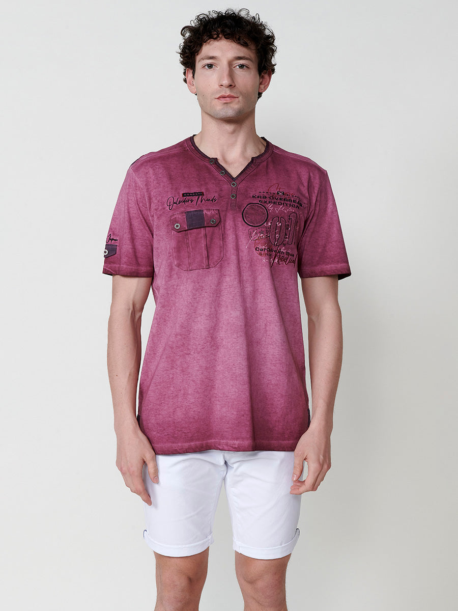Maroon men's short sleeve printed henley collar t-shirt - Koroshi 2511MC24