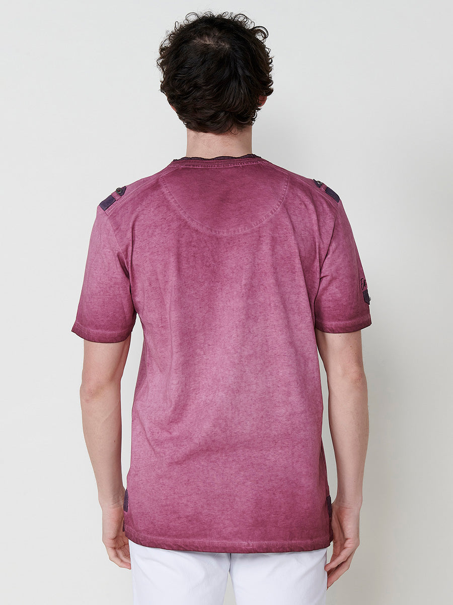Maroon men's short sleeve printed henley collar t-shirt - Koroshi 2511MC24