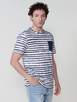 Camiseta rayas bolsillo manga corta hombre blanca - Koroshi 2511MC38