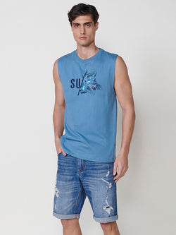 Blue men's surf print boxing sleeveless t-shirt - Koroshi 2511MS41