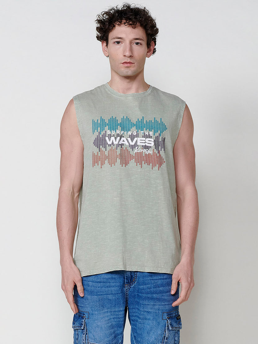 Camiseta sin mangas boxing estampado surf hombre kaki - Koroshi 2511MS42