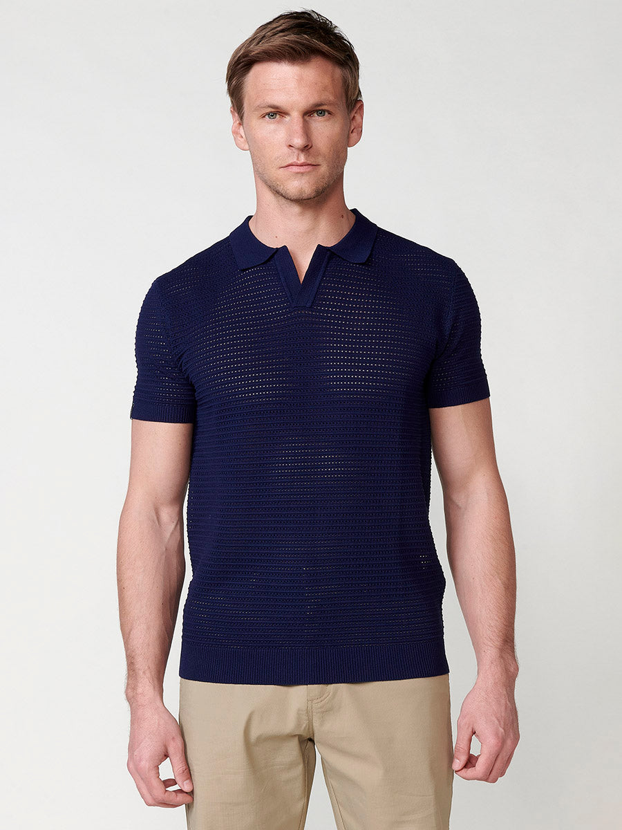 Polo col ouvert maille ajourée manches courtes homme marine - Koroshi 2511PC41