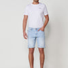 Relaxed fit denim Bermuda shorts with zip and button front closure, five pockets and worn effect with unfastened cuffed hems for men in light