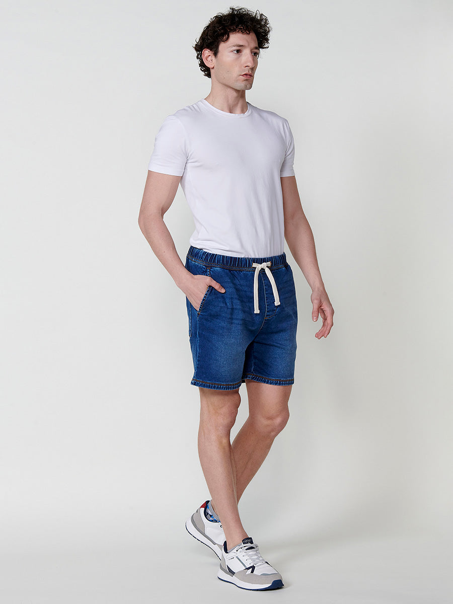 Men's washed denim knit jogger shorts medium blue - Koroshi 2511PS88