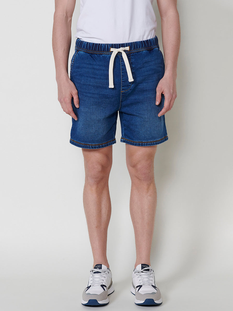 Men's washed denim knit jogger shorts medium blue - Koroshi 2511PS88