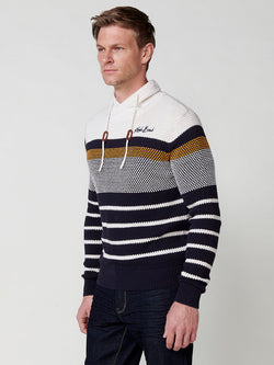 Pull maille col perkins cordon coulissant homme écru rayé - Koroshi 2511TR09