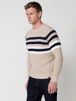 Men's beige striped textured crew neck knitted sweater - Koroshi 2511TR12