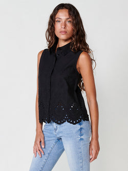 Women's black floral embroidered cotton short sleeve shirt - Koroshi 2512BL23
