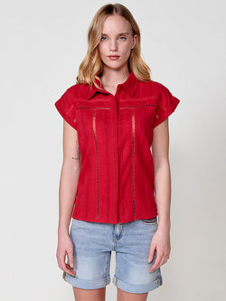 Red women's short-sleeved cotton embroidered shirt collar shirt - Koroshi 2512BL31