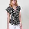 Black short-sleeved blouse with ruffle and black floral print