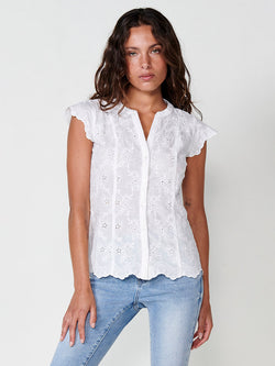 English embroidery blouse short sleeve mandarin collar woman white - Koroshi 2512BL36