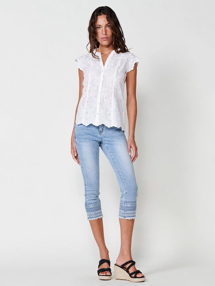 Blusa ricamo inglese manica corta collo alla coreana donna bianca - Koroshi 2512BL36