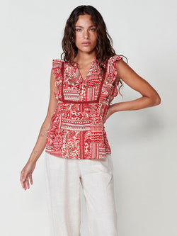 Damenbluse mit Paisley-Print und Rüschenärmeln, Rot – Koroshi 2512BL37