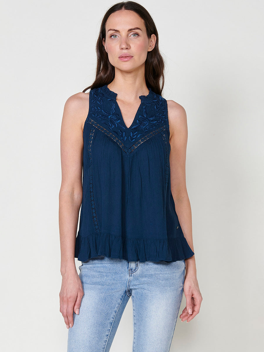 Brusa Sense Mànigues Crepe Brodada Dona Navy - Koroshi 2512BL39