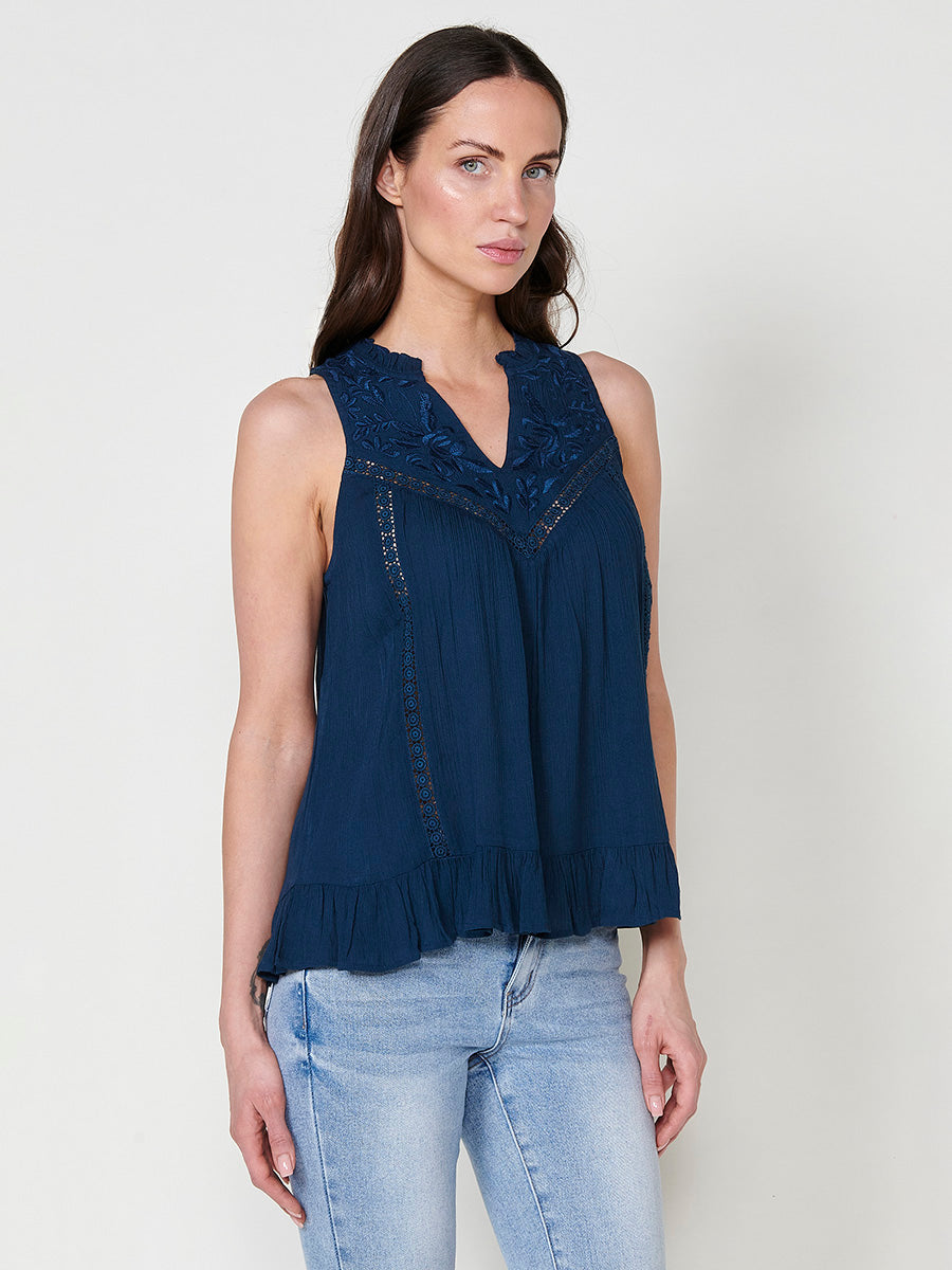 Brusa Sense Mànigues Crepe Brodada Dona Navy - Koroshi 2512BL39