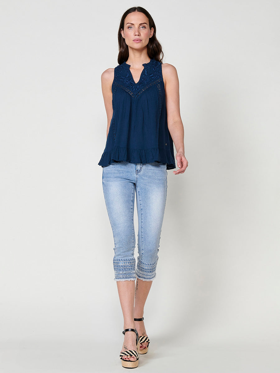 Brusa Sense Mànigues Crepe Brodada Dona Navy - Koroshi 2512BL39